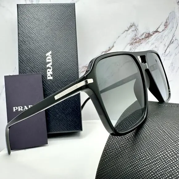 NEW PRADA Sunglasses Black Aviator Pilot 55-17mm Grey Lens Silver Logo - Picture 2 of 16